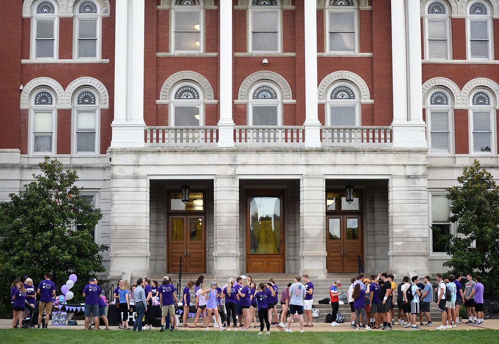 People gather in front of Jesse Hall